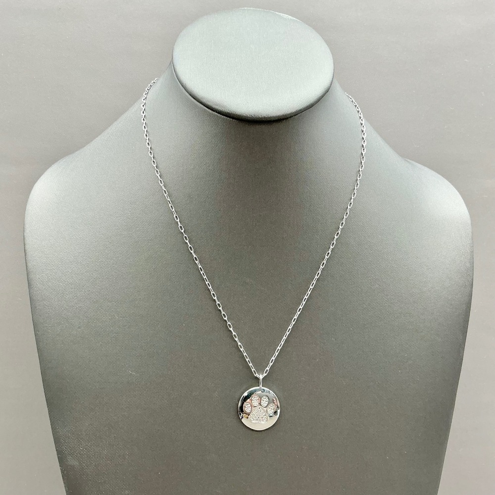 Paw Print Pendant Necklace Women Silver Tone Round Medallion Crystal Accent 18in